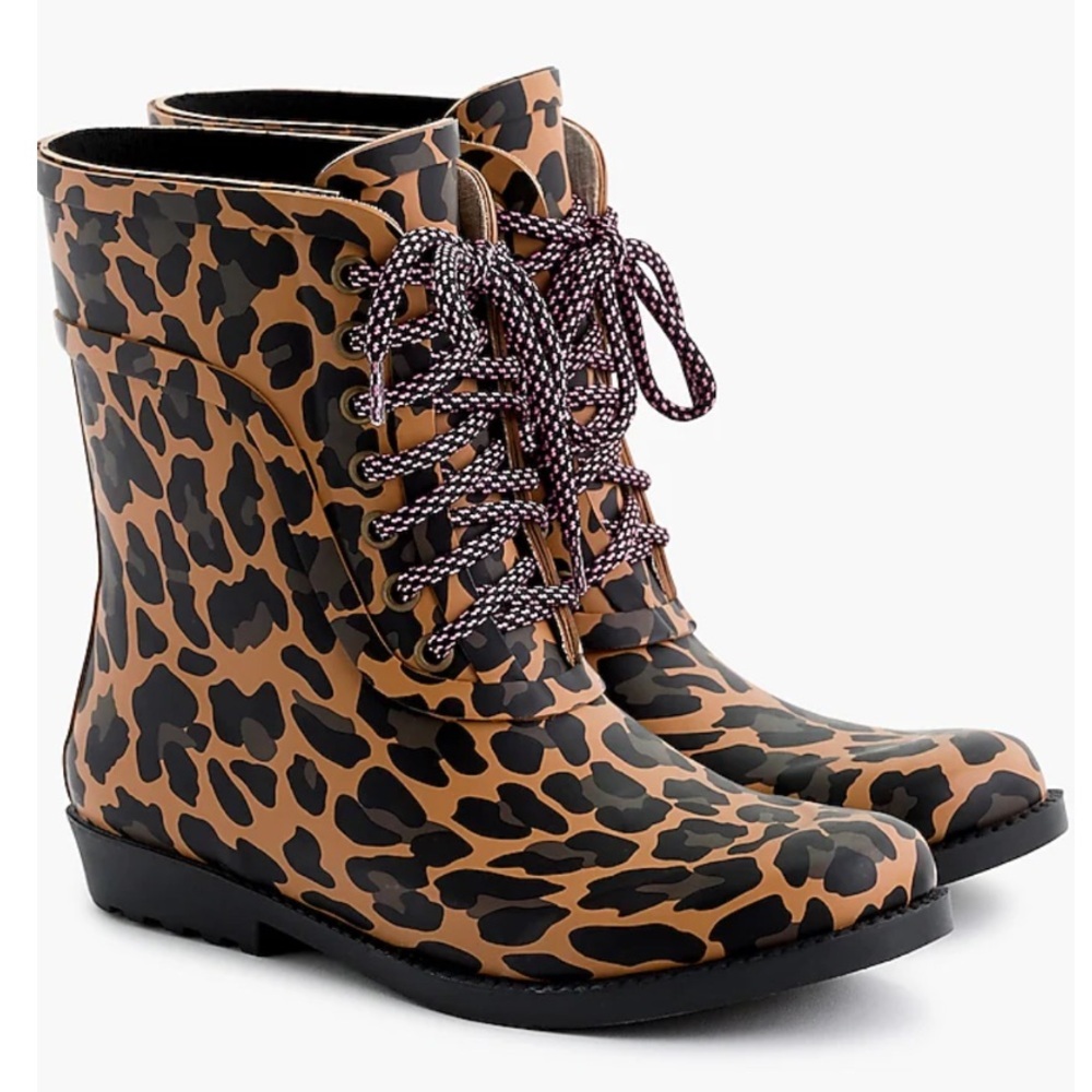 J. Crew Lace Up Leopard Print Waterproof Rubber Ankle‎ Rain Boots  Size 8